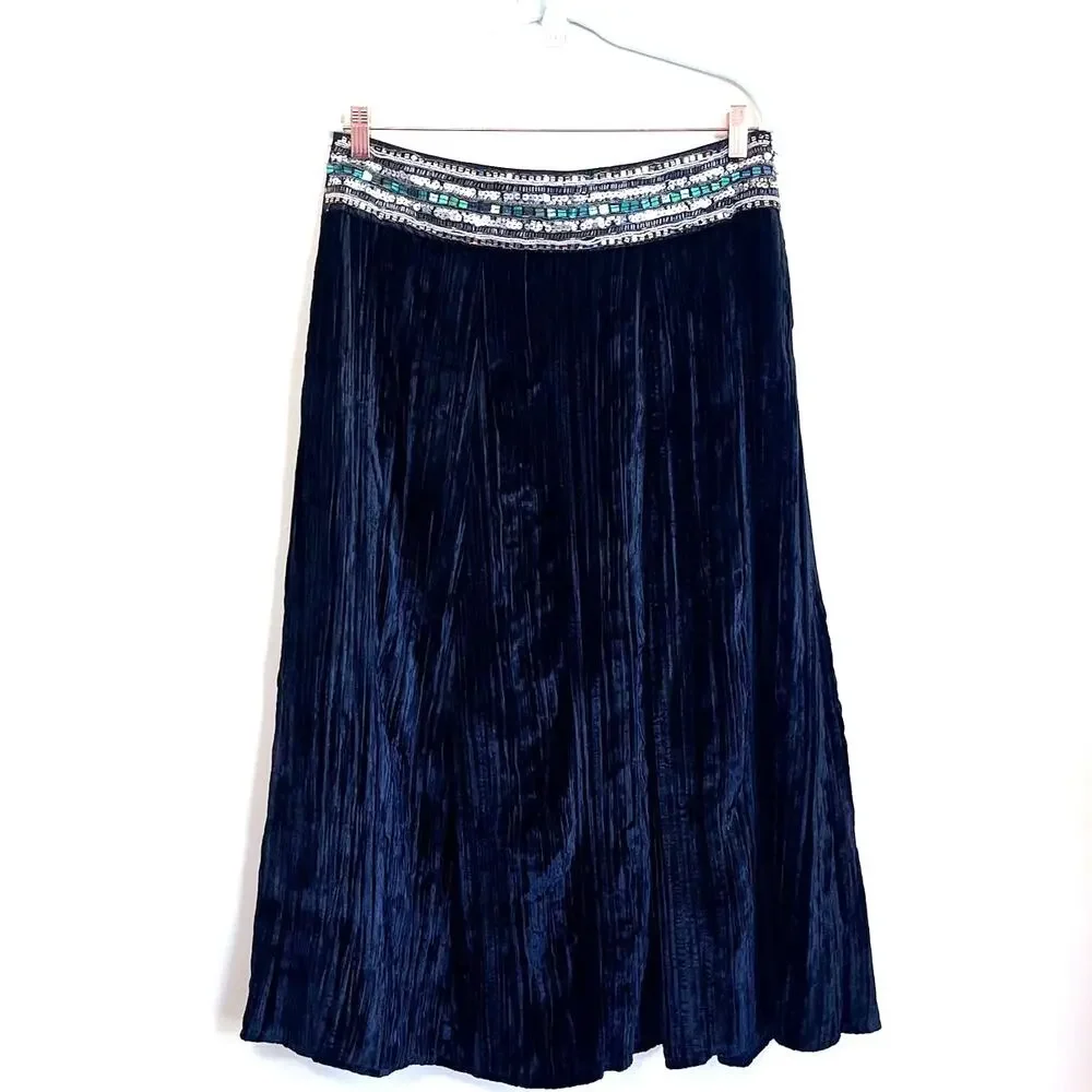 Anne Carson Whimsigoth Crinkle Vintage Velvet Maxi Skirt Size‎ 10 Black Sequin
